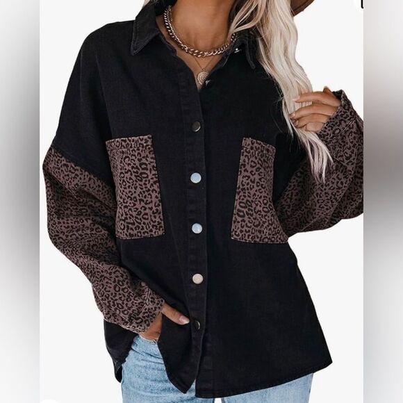 Naggoo black and leopard oversized denim shacket NWT - Picture 1 of 9